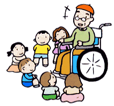 車椅子に乗ったおじいさんを囲んで子供たちがお喋りしているイラスト